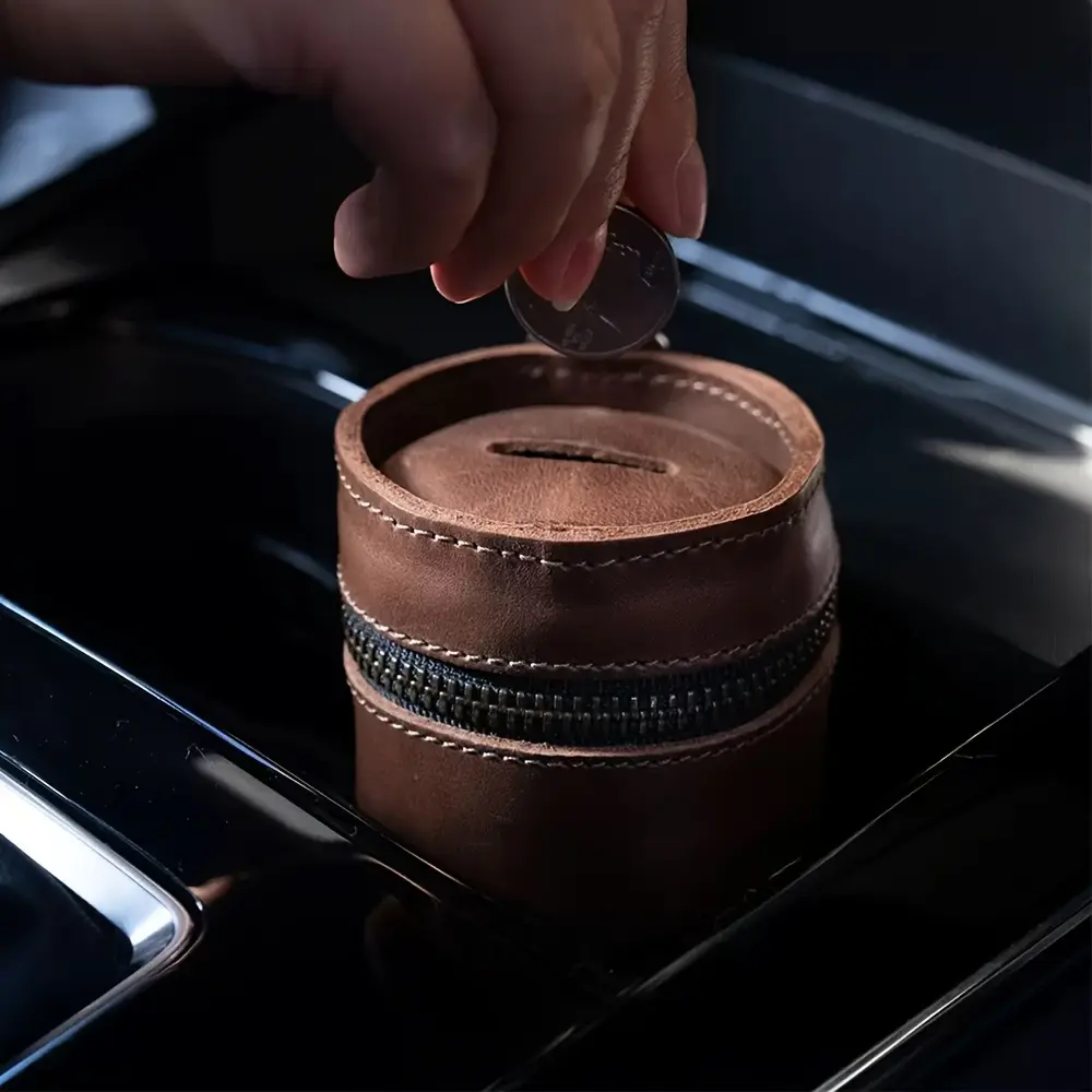 Handmade Genuine Leather Piggy Bank with Top Layer Cowhide, Suitable for Car Cup Holder, Coin Purse, Coin Storage Box, Coin Clip, Zipper Bag, Stowing, Full Grain Leather, Coffee Color, Unique
