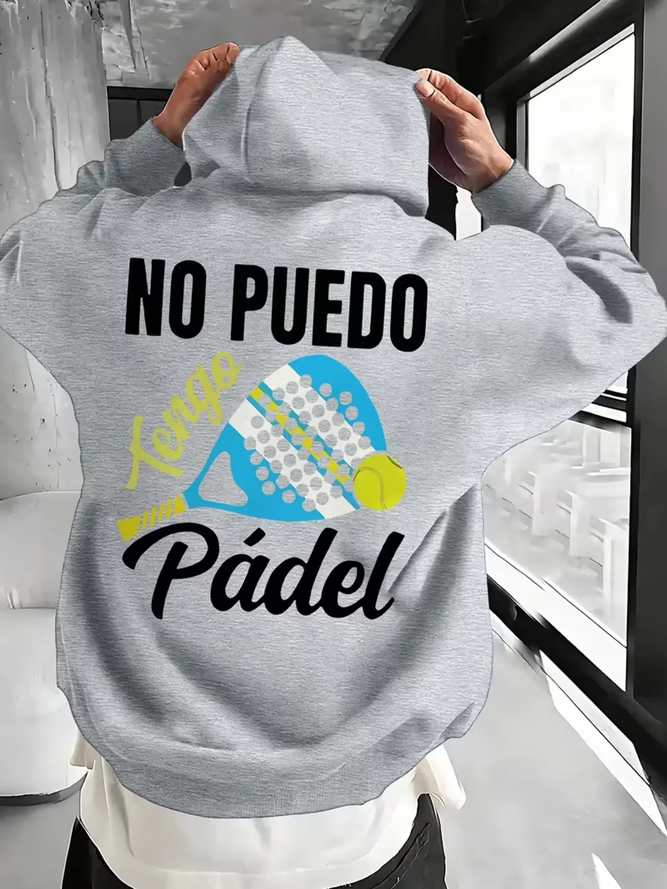 Men's versatile casual pullover hoodie with trendy Padel sports graphic print, comfortable sweatshirt for home leisure and outdoor daily wear.