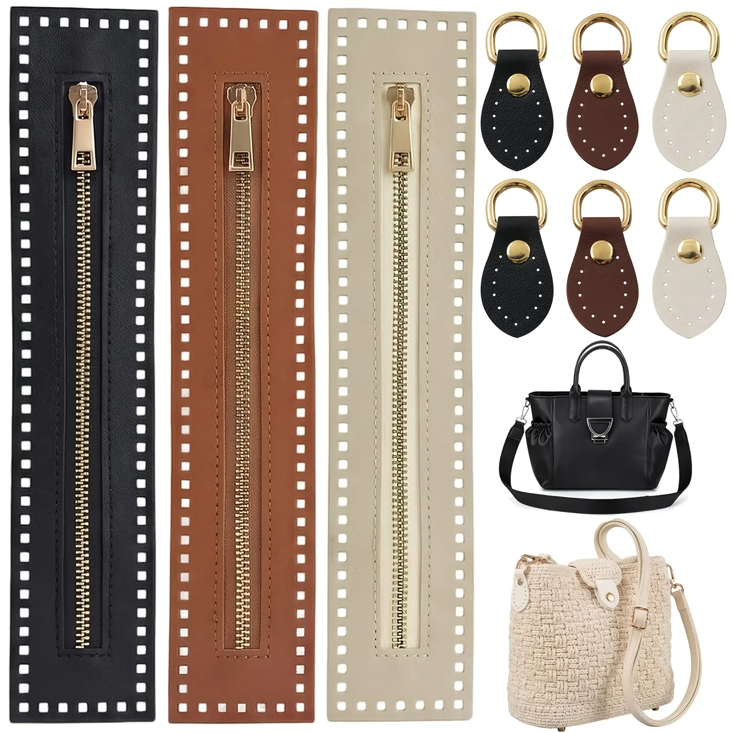 3+6 Pcs PU Leather Zipper for Bags with Purse Strap Mount Hook 10.6inch Crochet Zippers with Holes Bag Side Zipper Closures D-Ring Clips Bag Accessories and Supplies for DIY Bag