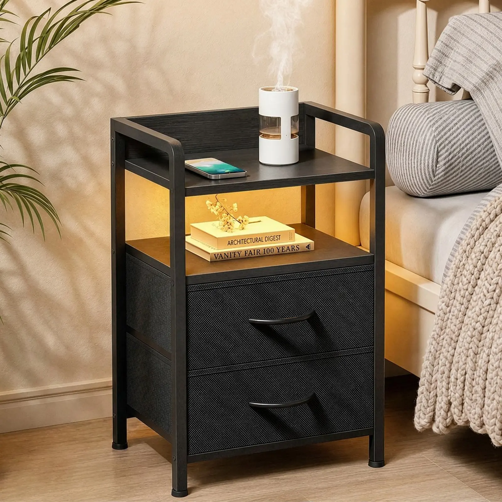Nightstand with 2 Fabric Drawers, Bedside Table with Open Storage Shelf, Small Night Stand Side End Table for Bedroom, Living Room, Apartment