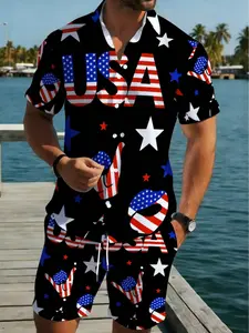 Men's 2-Piece Short Sleeve Blouse and Shorts Set, Usa Flag Print, Lightweight, Casual Beach Wear, Patriotic Star-Spangled Design