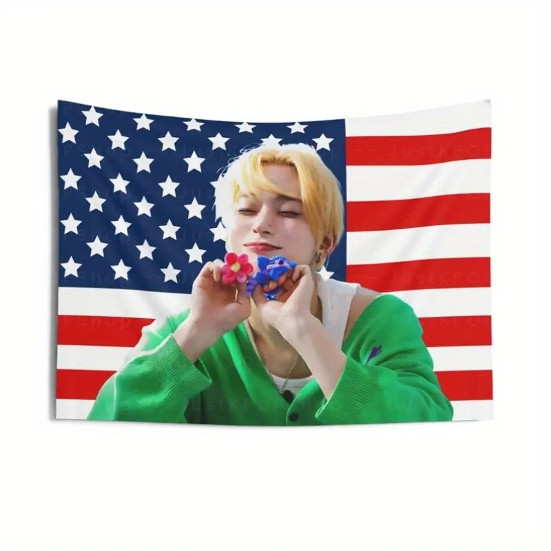 1pc 2025 World Tour Exclusive Seun Woo K-Pop Concert Banner American Flag Design Vibrant Red White Blue Star Accents Durable Fabric Suitable for Korean Events Parties And Fan Gatherings 2025 Tour Limited Edition (Free Installation Kit Included)
