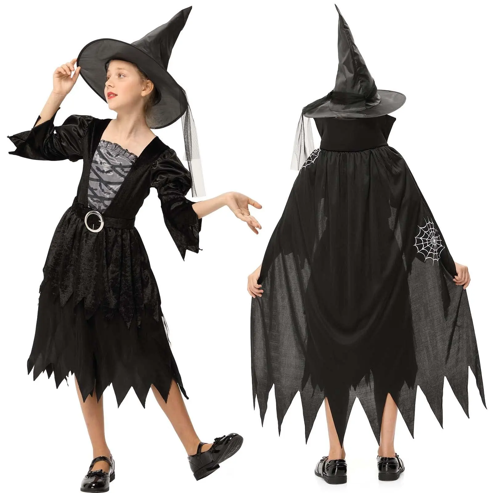 Classic Black Witch Dress Costume for Girls & Toddlers, Halloween Party Dress-Up Outfit - Witch Role Play Costume