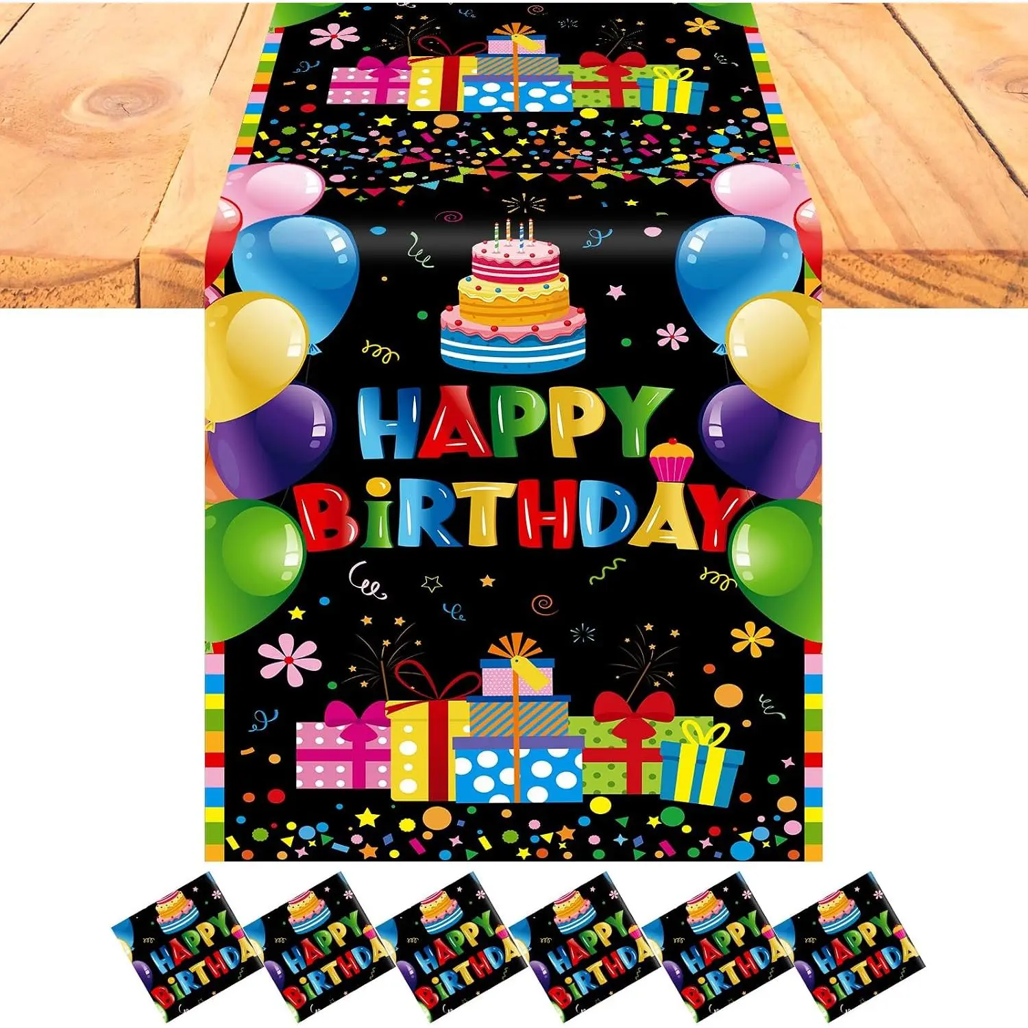 6 count Plastic Happy Birthday Table Runners 14 x 108 inch Disposable Colorful Party Table Runner for Birthday Party Supplies  Kitchen Decorations(Black and Colorful)