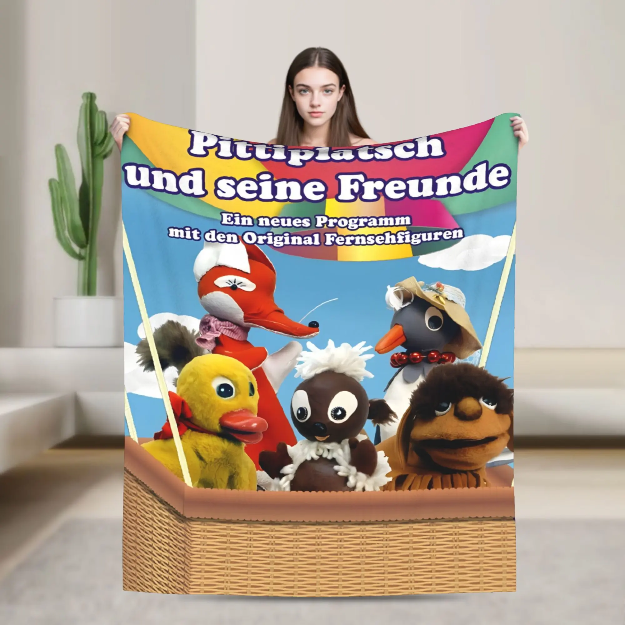 Pittiplatsch und seine Freunde Flannel Blanket German Kids Puppet Characters Throw Blanket Hot Air Balloon Wicker Basket Sofa Bed Blanket Gift For Children