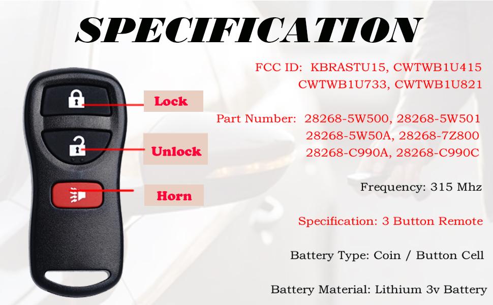 Keyless Entry Remote Control Key Fob Replacement Fits for Nissan Xterra Titan Armada Frontier 2002-2019 Quest Sentra Murano Pathfinder Versa Infiniti FX35 FX45 QX4 KBRASTU15 CWTWB1U733