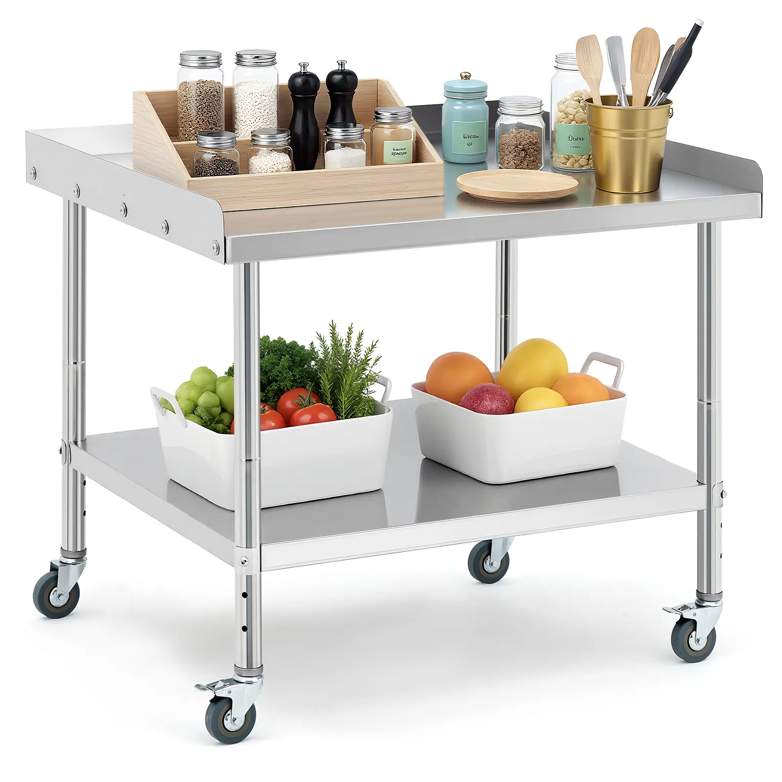 Heavy-Duty Commercial Stainless Steel Work Table with Locking Wheels, Rolling Mobile Food Prep Station with Adjustable Lower Shelf & Removable 3-Sided Backsplash, 2-Tier Metal Utility Cart for Home Kitchen, Restaurant, Garage & Outdoor BBQ