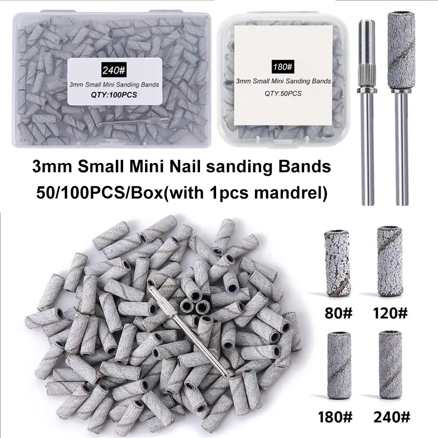50/100Pcs/Box With 1PC Mini Mandrel Nail Art 3mm Mini Grinding Sand Ring Bands（80# 120# 180# 240#）Electric Grinding Machine Nail Grinding Head Manicure Accessories Tools Dead Skin Remover