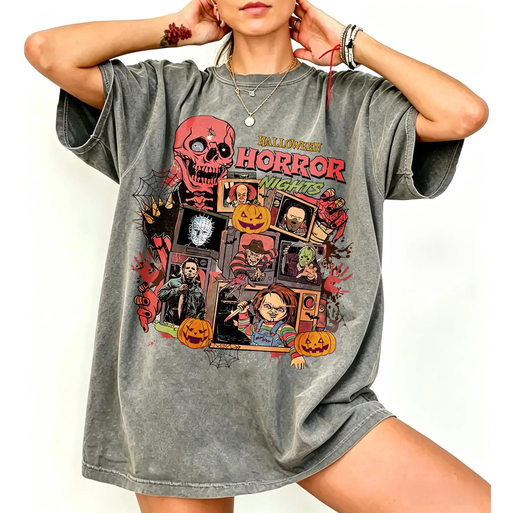 Vintage 90s Halloween Movies Washed T-shirt, Retro Horror Night Shirt, Halloween Vibes Tee, Halloween Shirt, Horror Characters Shirt