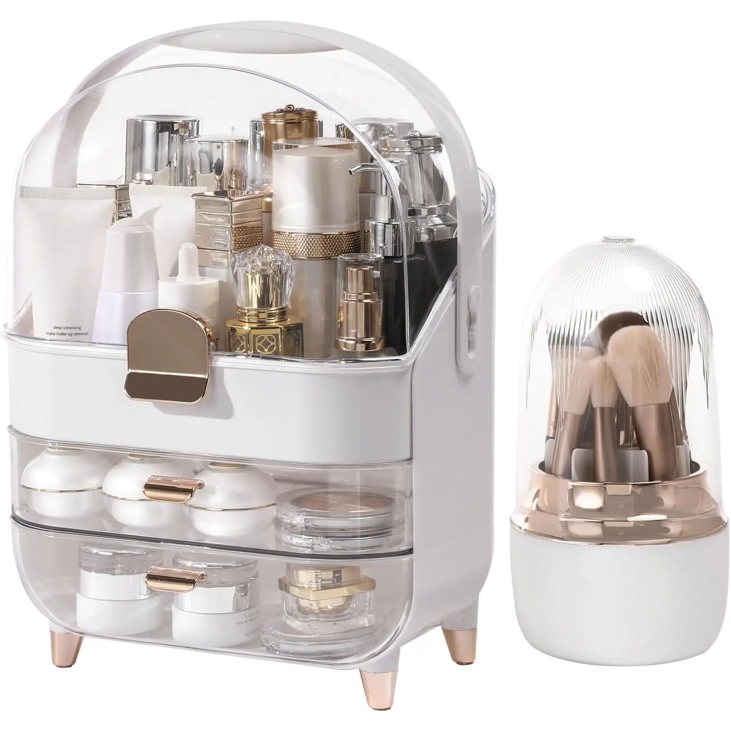Makeup Organizer for  with Brush Holder, Lid and 2 Drawers, Rose  | Large Capacity Bathroom Counter Organizer for Skincare,  Storage, , , Teen Girl Gifts