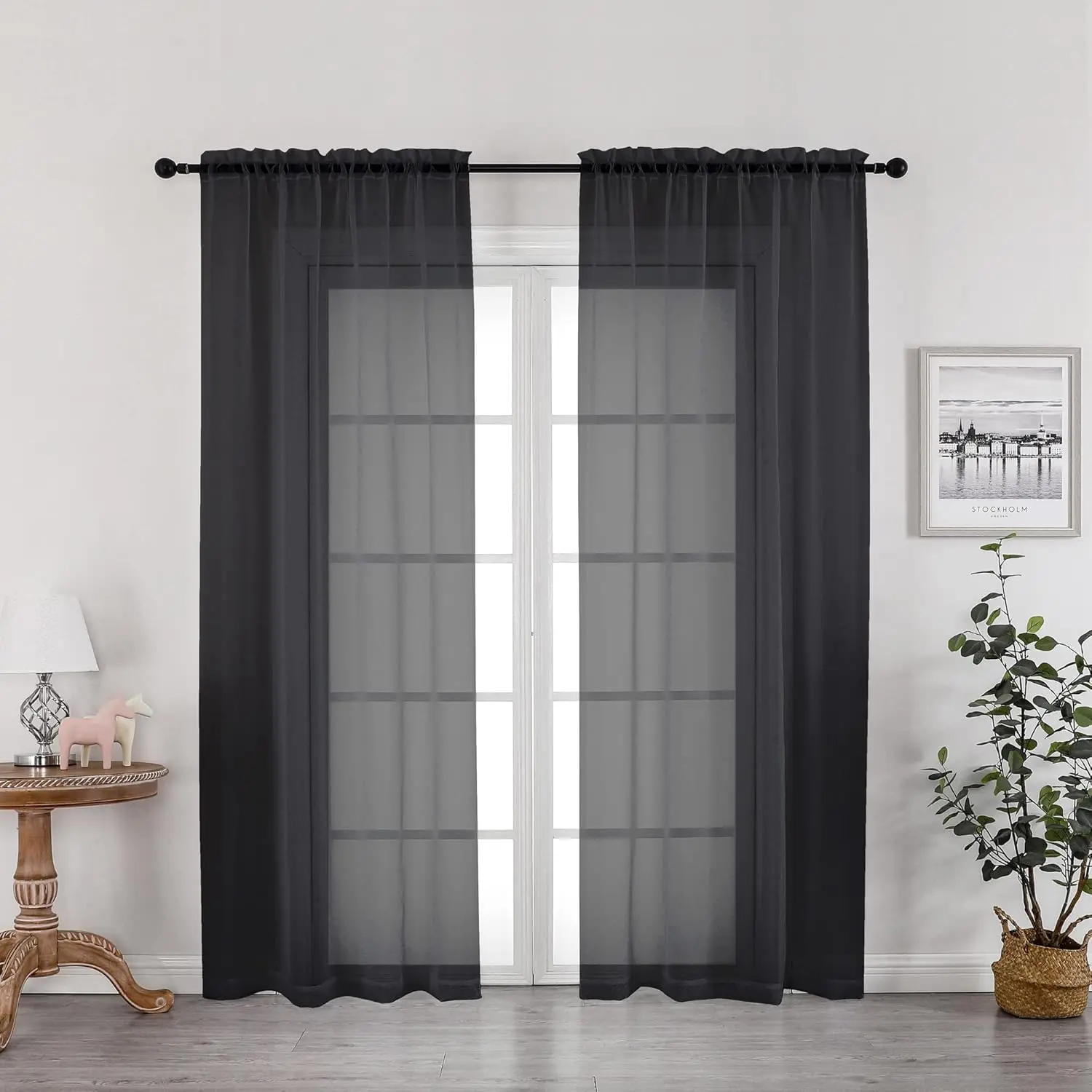Black Sheer Solid Curtains (2 Panels, 42x72in) - Transparent Voile Gauze Drapes with Dual Rod Pocket, Smooth Texture, Machine Wash, Cool Iron, Non-Chlorine Bleach for Living Room Decor & Bedroom Window Treatment, 42X72"