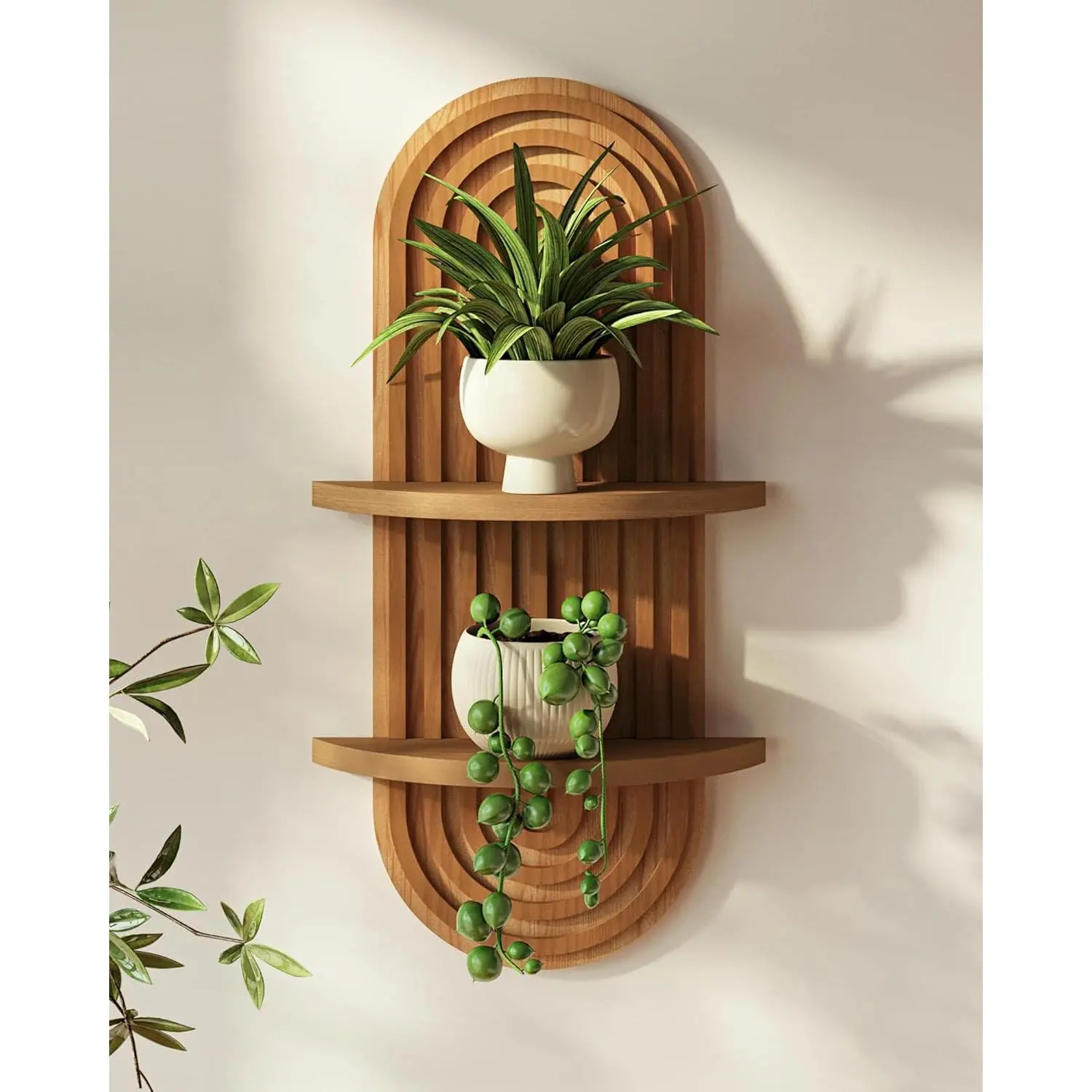Plant Wall Shelf Boho Wall Decor Brown Hanging Plant Shelf Mid Century Modern Decor 2-Tier Wooden Floating Shelves  Home, Bathroom Living Room Office Holding Planter Decoration, 1Pcs