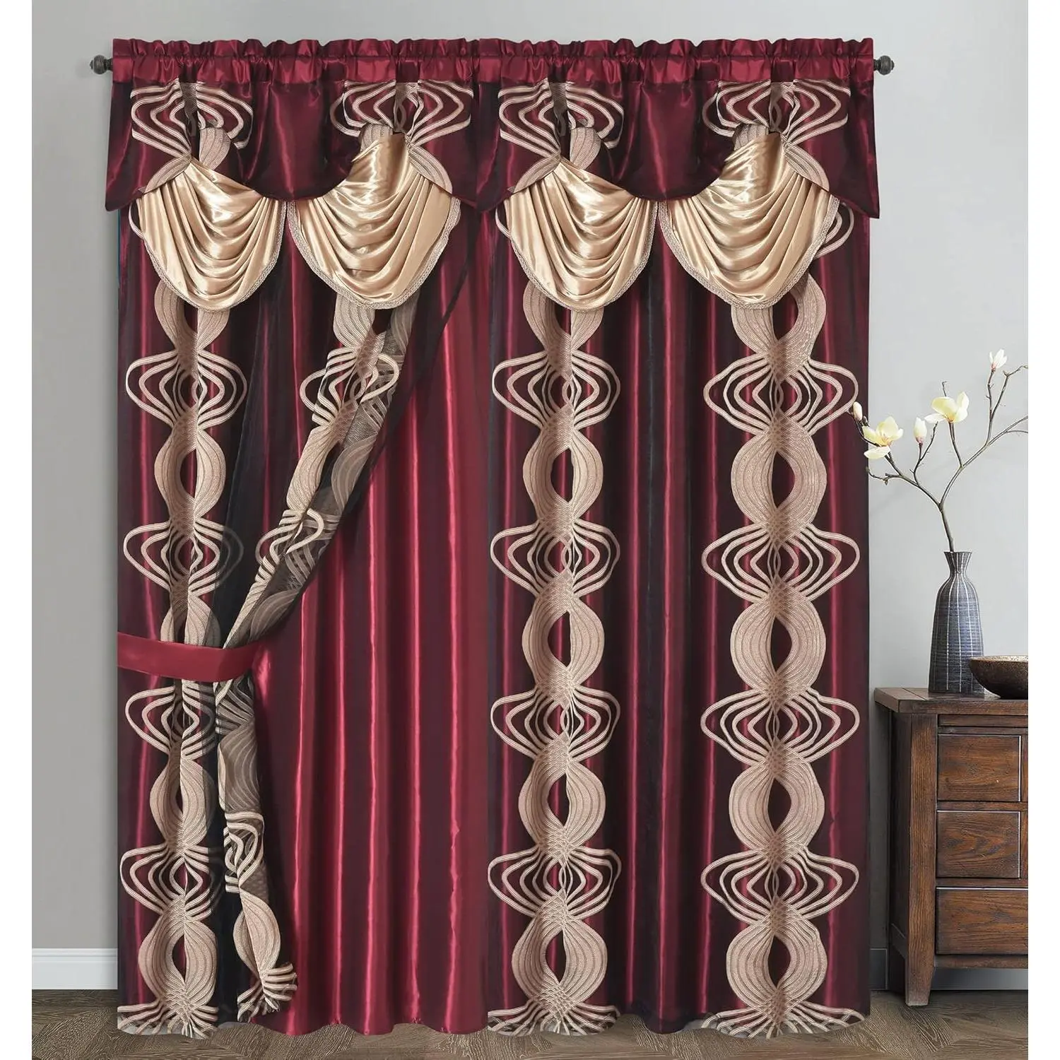 GOHD Spinning.Clipped Voile.Voile Window with Fancy and Taffeta Backing.2pcs Set.Each pc 54 inch Wide x 90 inch Drop + 18 inch.(Burgundy)