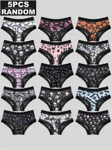 5-Pack Random Gothic Panties | Black Lace Trim Skull & Pumpkin Print Briefs,#GothicUnderwear #TikTokMadeMeBuyIt #RandomPantyBox #HalloweenVibes