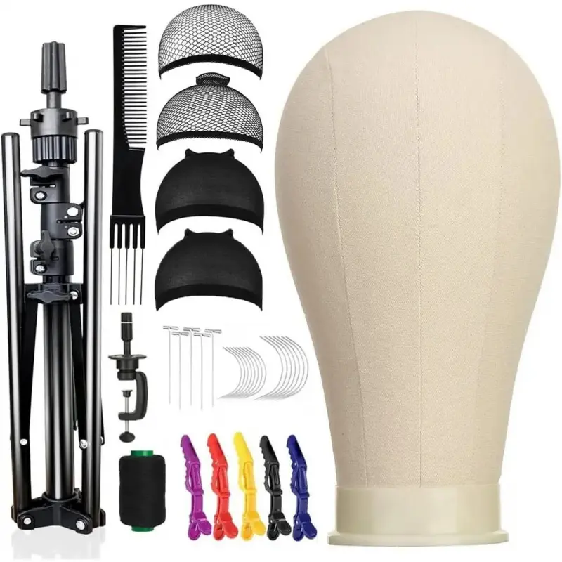 23 Inch Canvas Block Wig ,  Inch Wig Stand Tripod with , Mannequin  for Wigs Display with Wig Caps, T C Pins Brush