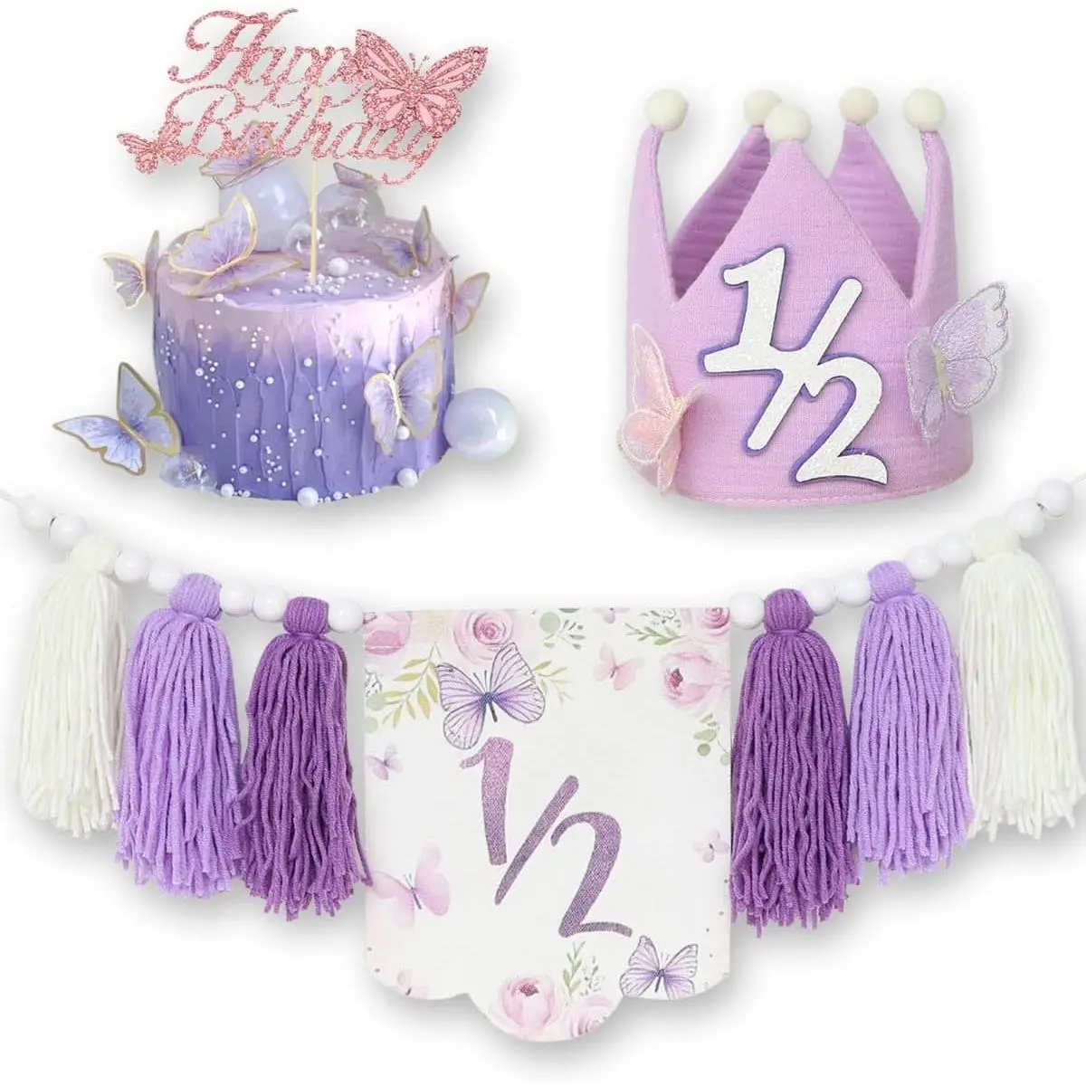 Purple Handmade Half Birthday Decorations, 6 Month Party Set with High Chair Banner, Hat & Cake Topper, Half Way to One Baby Girl Decorations Party for 1/2 Birthday Girl Photoshoot Props