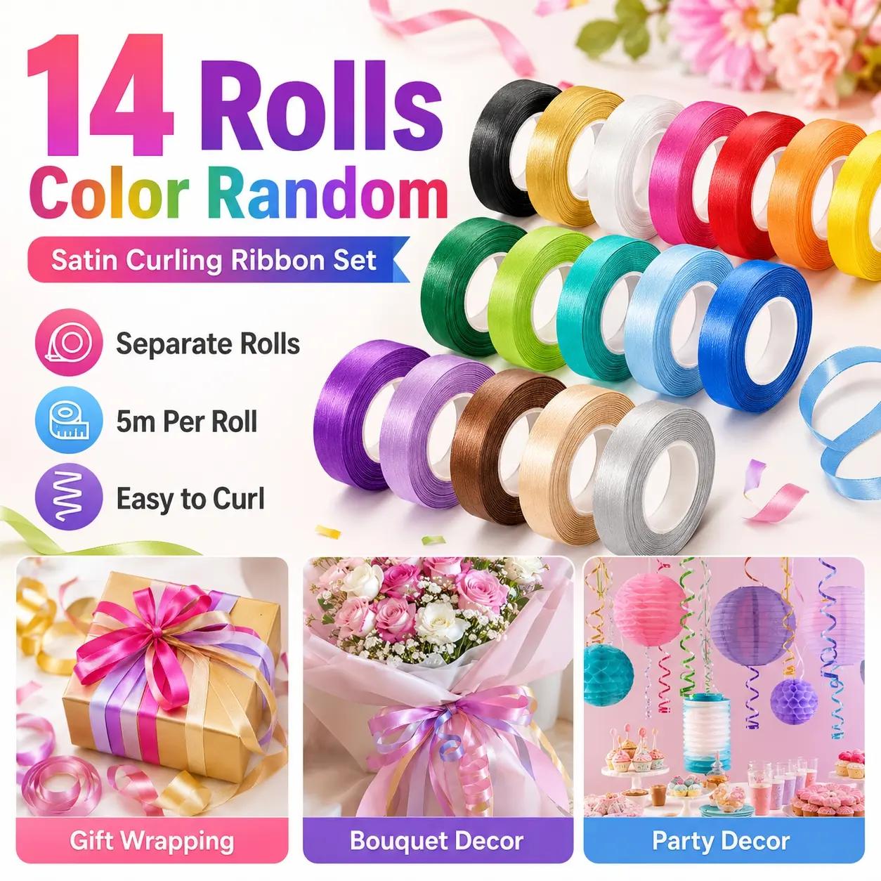 14 Rolls Curling Ribbon Set, Assorted Color Balloon String and Gift Wrapping Ribbon, Shiny Party Decoration Ribbon,Separate Rolls, for Crafts, Bows, Floral Bouquets, Gift Bags, Wedding, Birthday, Holiday, Christmas, Florist Supplies