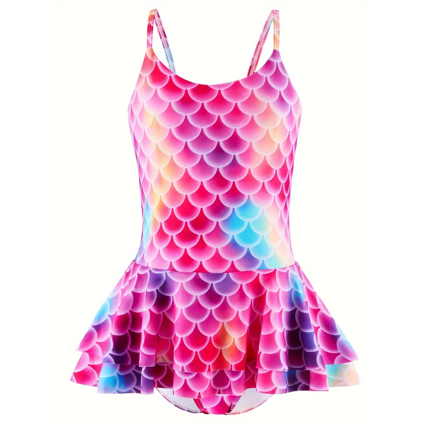 Girls' 1pc Dress-Style Swimsuit, 3D Fish Scale Bikini, Halter Hot Spring Mermaid Outfit, Cute Princess Swimwear for Medium to Large Toddlers