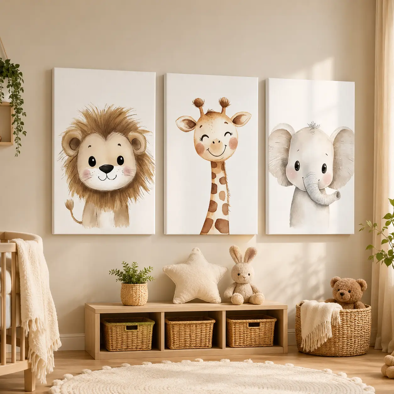 Safari Animal Nursery Canvas Prints |   Watercolor Jungle Wall Art for Baby Room, Boy & Girl Decor