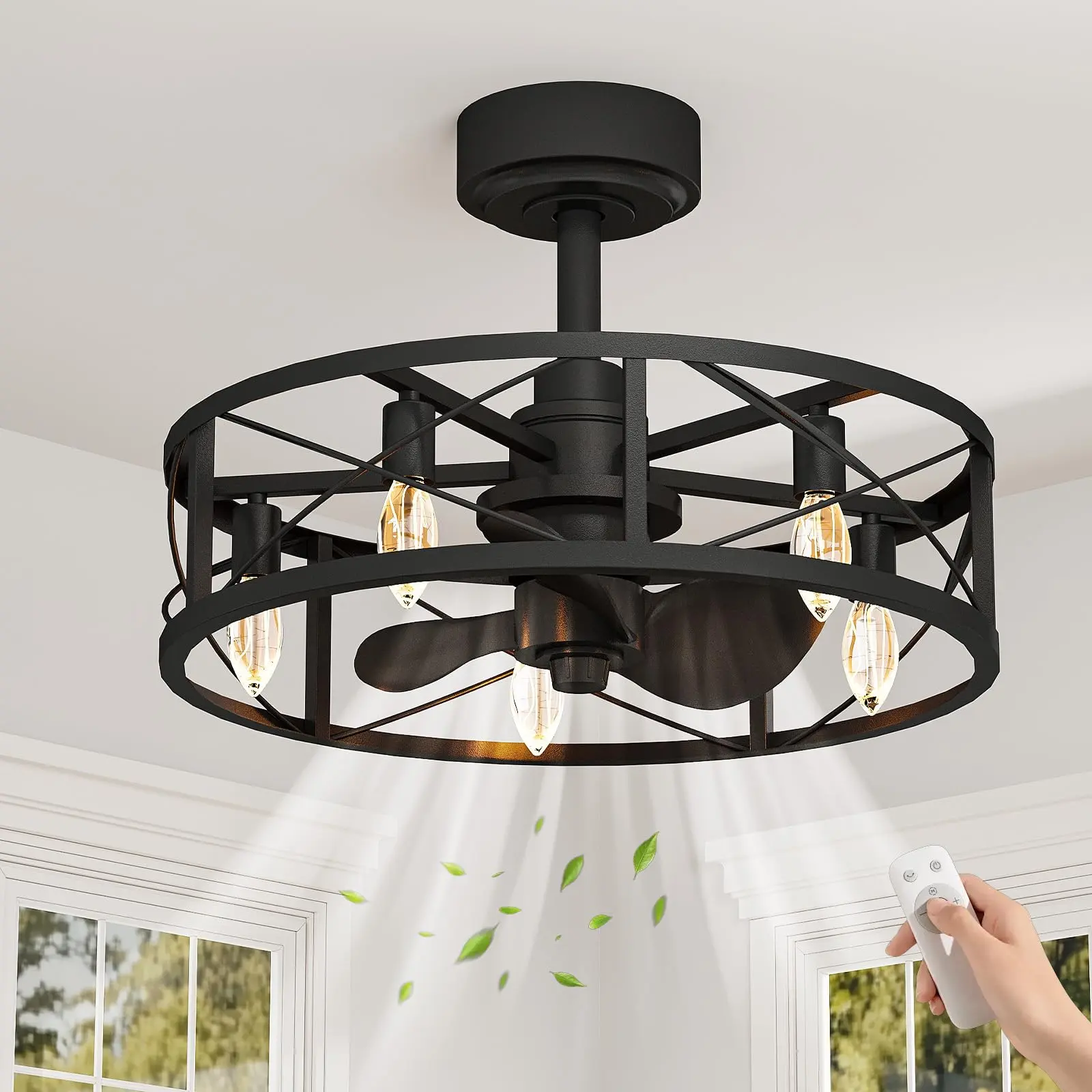 Fandelier Caged Ceiling Fans with Lights and Remote,Rustic Bladeless Ceiling Fan, Small Farmhouse Fan Lights Ceiling Fixtures
