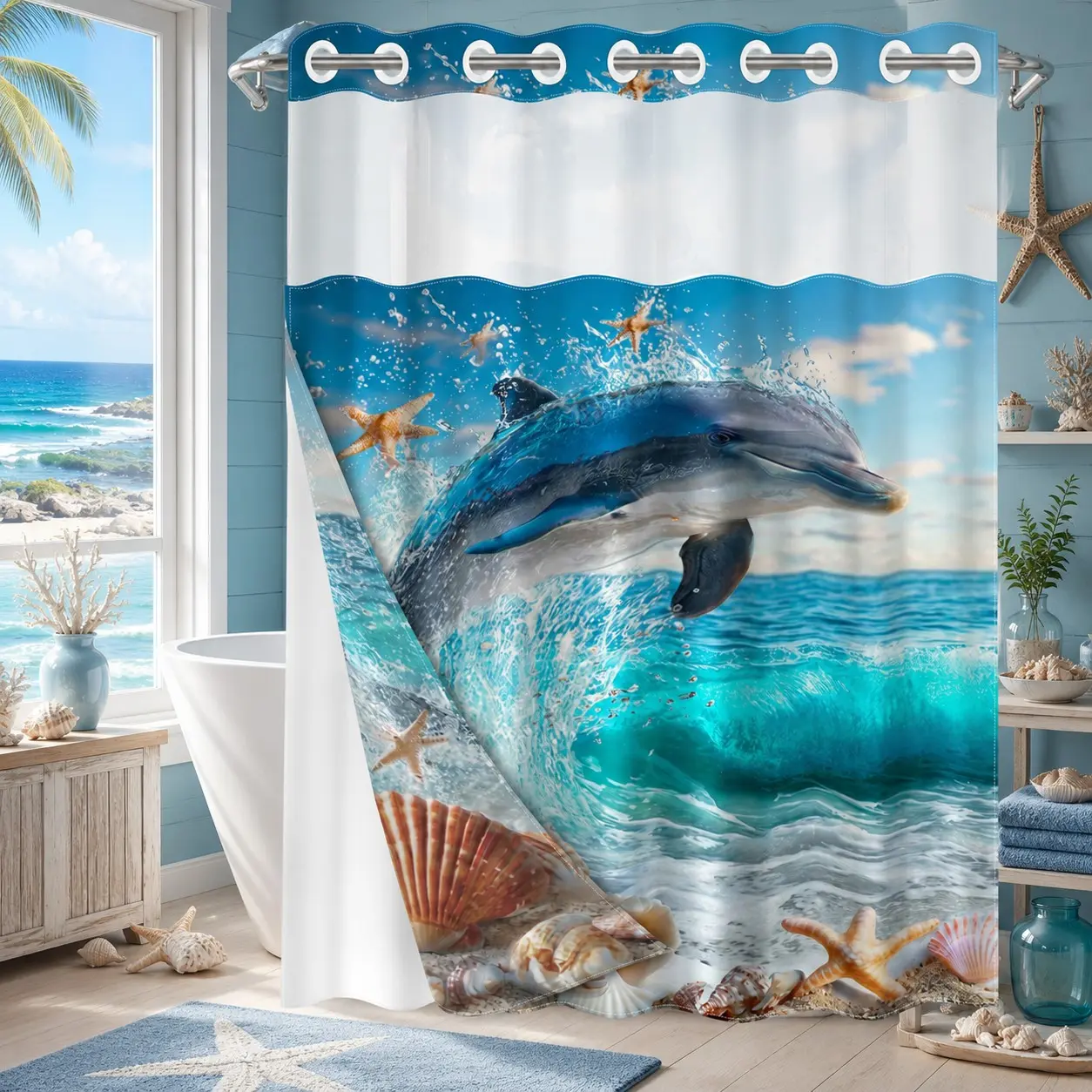 No Hook Shower Curtain With Snap In Liner, Double Layer Shower Curtain, Dolphin Ocean and Seashell Print, Machine Washable Waterproof Mildew Resistant Fabric, Home Bathroom Decor, See-Through Curtain, 71"×74", Shower Curtain No Hooks With Liner
