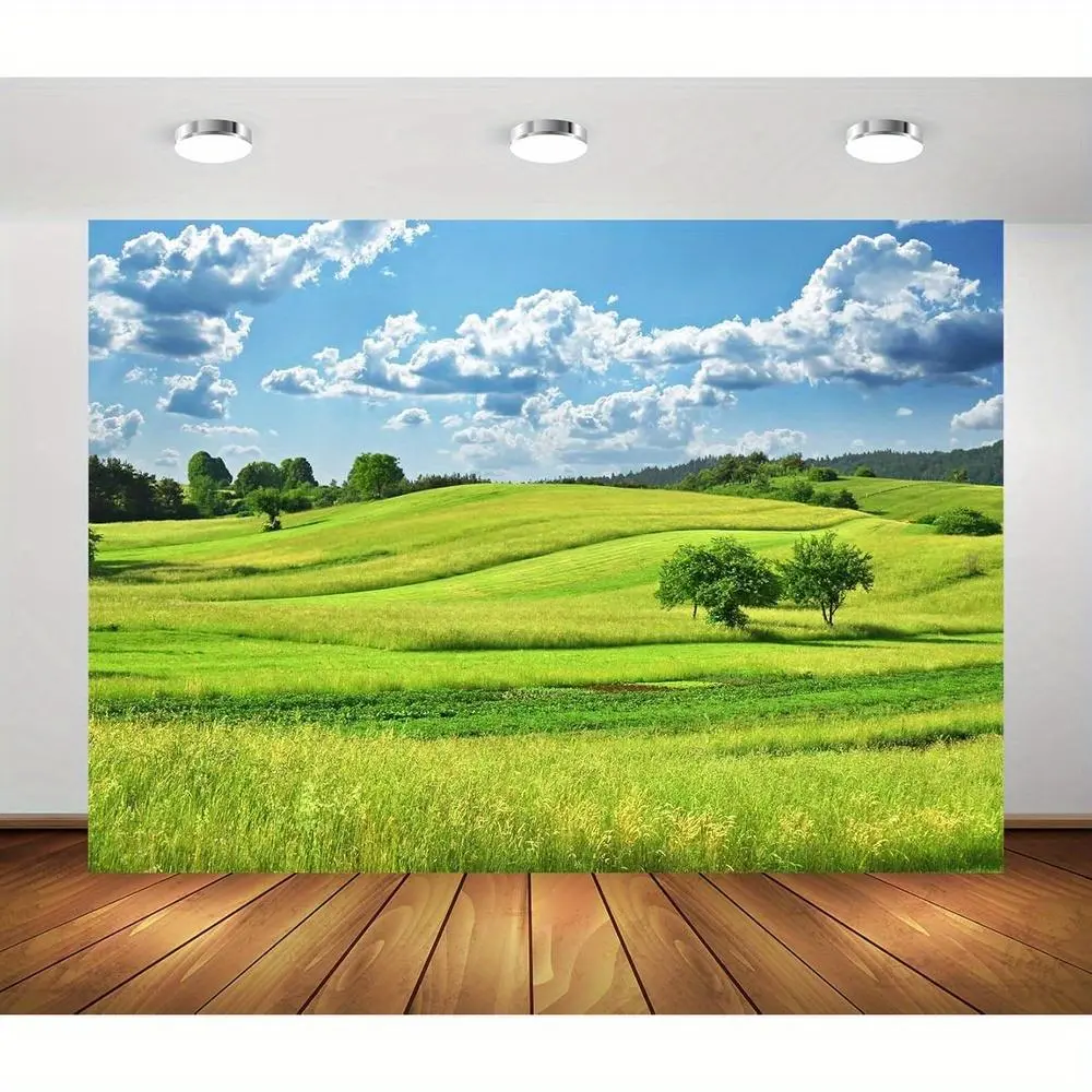 Spring Green Hills Meadow Backdrop - Lush Grass, Trees & Blue Sky with White Clouds Photography Background - Polyester Fabric, Horizontal Nature Scenery for Easter, Youngsters Portraits & Studio Props, Lawn And Garden Decor