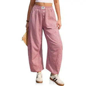 Gingham Pants Women Barrel Loose Wide Leg Checkered Casual Linen Plaid Trousers with Pockets