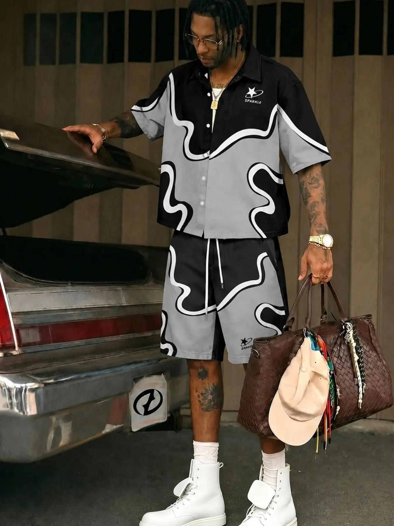 Men's Summer Streetwear Set, Geometric Prints Shirt & Shorts, Five-Point Star Logo, Casual Loose Fit, Two-Piece