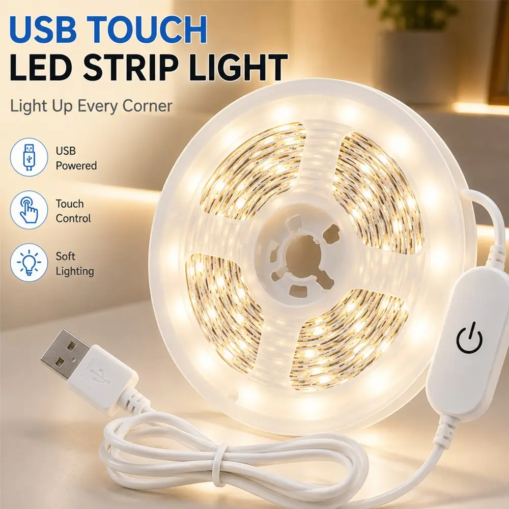 Touch Dimmable LED Strip Light USB Warm White, Flexible LED Tape Light Interior Led Lights for Bedroom Kitchen TV Backlight Cabinet Closet Ambient Lighting