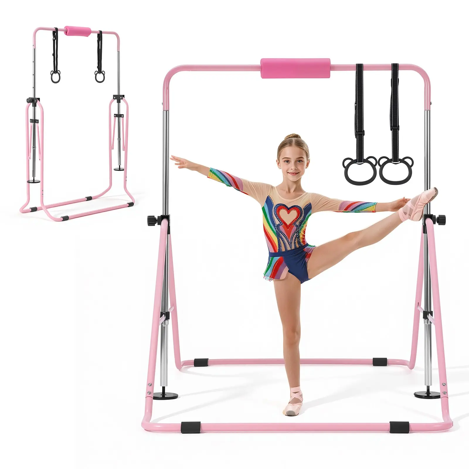 VEVOR Gymnastic Bars for Kids, 140 lbs Capacity Folding Training Kip Bar, Adjustable Height Gymnastic Horizontal Bar for Home, Training Equipment for Indoor and Outdoor, Easy to Assemble, Pink