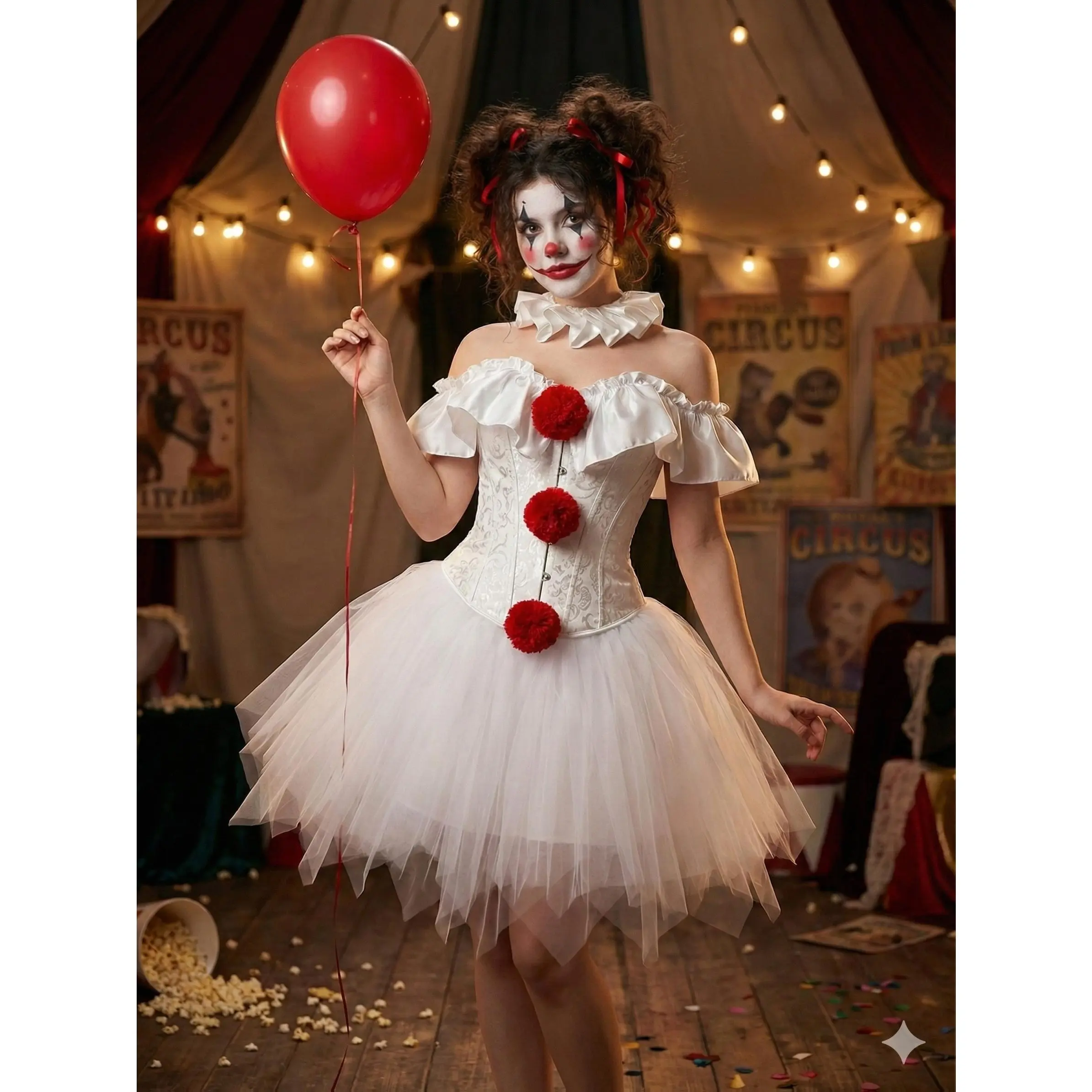 Women's Black and White Clown 3-Piece Costume Set with Accessories - Corset, Tutu Skirt, Scarf - for Halloween, Carnival, Elegant Role-Playing Parties, Costumes With Accessories