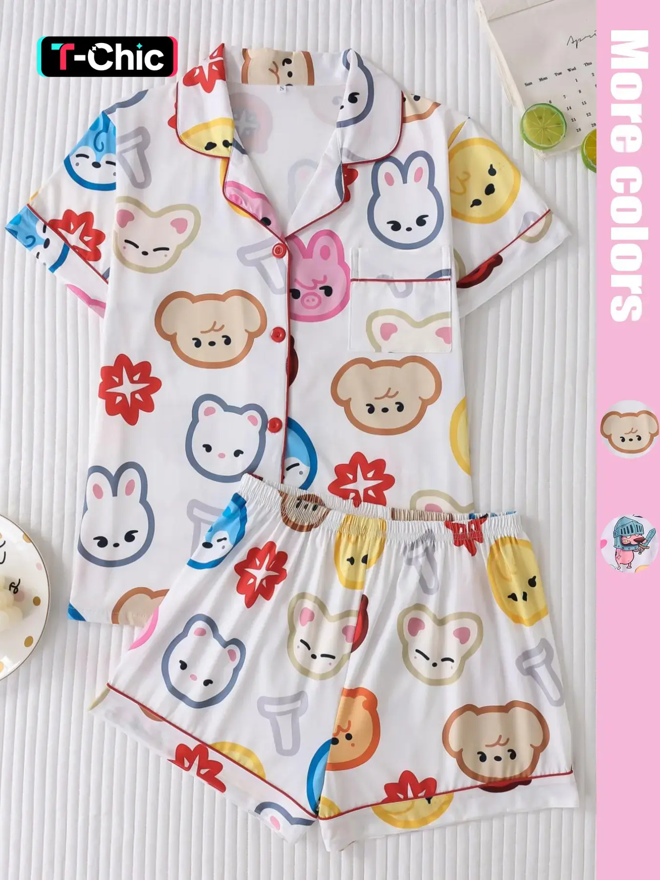 Women's Cartoon Print Short Sleeve Top & Shorts Pyjama, Casual Comfy Top & Shorts Set, Ladies Sleepwear for All Seasons, Loungewear, Casual Home Wear, Pajama Set