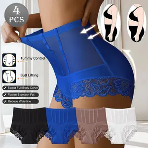 QUASTI 4PCS Women's High Waisted Lace Panties, Breathable Skin-Friendly Minimalist Semi-transparent Sexy Briefs, Fashion Tummy Control Lightweight Full Coverage Hip Lifting Underwear, Daily Wear, S-XXL