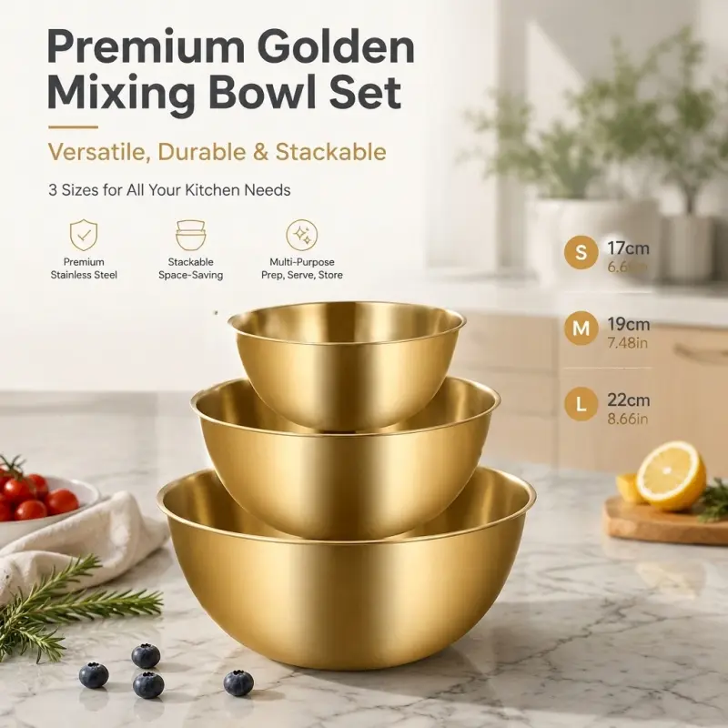 3 Pack Gold Stainless Steel Mixing Bowl Set, Stackable Nesting Metal Prep Bowls for Baking, Cooking, Salad Serving & Kitchen Storage