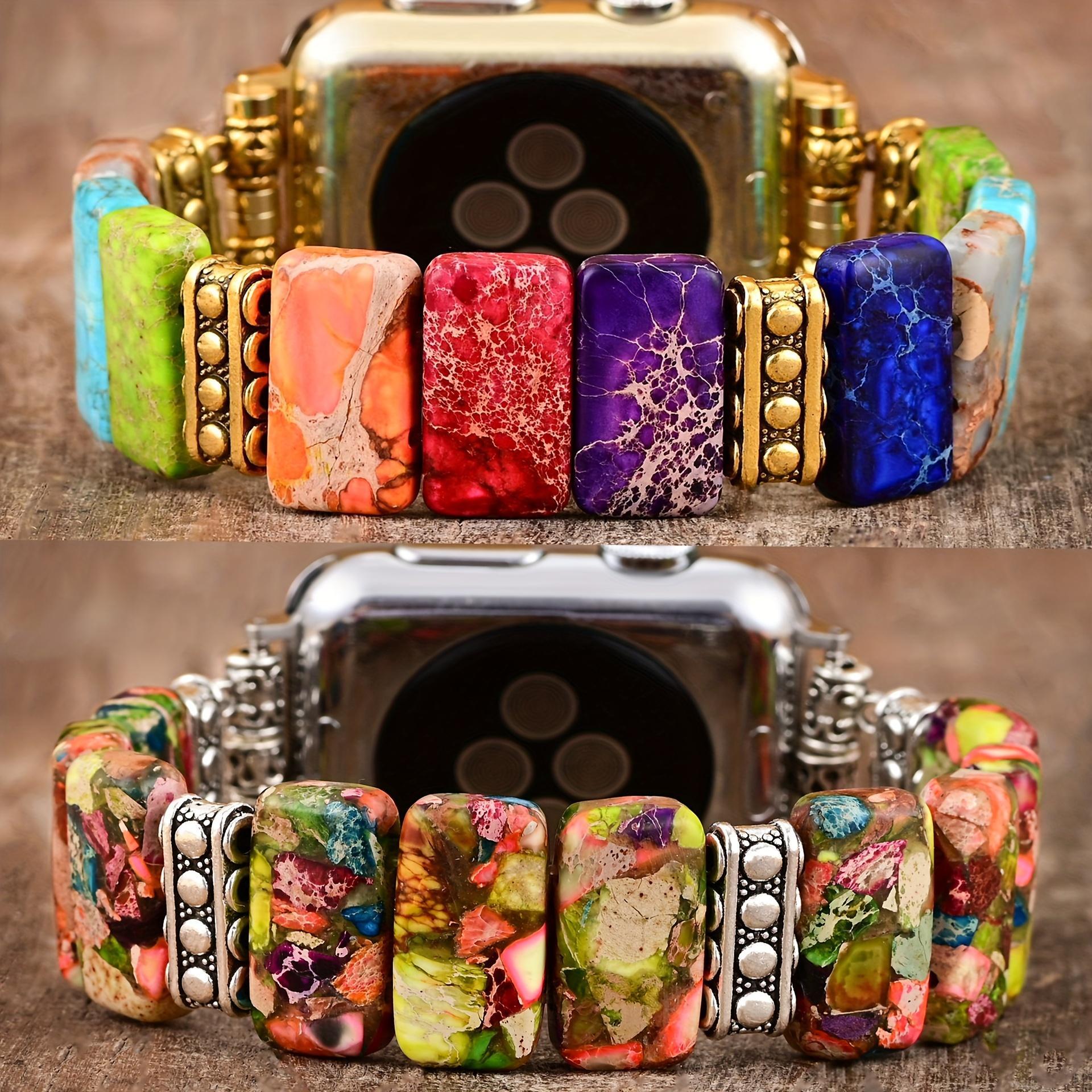 Colorful Natural Stone Beaded Apple Watch Band, Handmade Elastic Strap for iWatch Series 10/9/8/7/6/SE/Ultra 38mm-49mm, Cute Feminine Wristband for Women