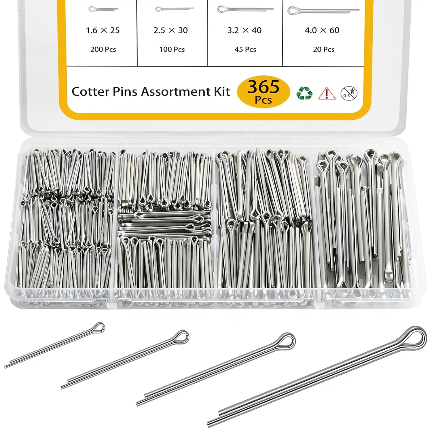 Cotter Pin  Kit 365 count, 304 Stainless Steel 4 Sizes Cotter Pins, Hardware Pins for Automotive  Lawnmower  Farm Tractor