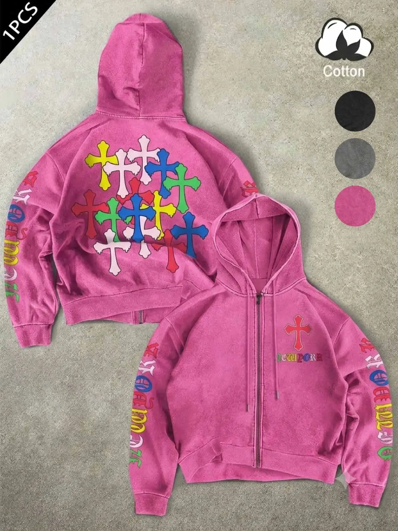 Washed Full Zip Hoodie, Cross Print, New York Gothic Letter, Unisex Retro Y2K Streetwear, Ideal for Skateboarding, Music Festivals, Urban Photography