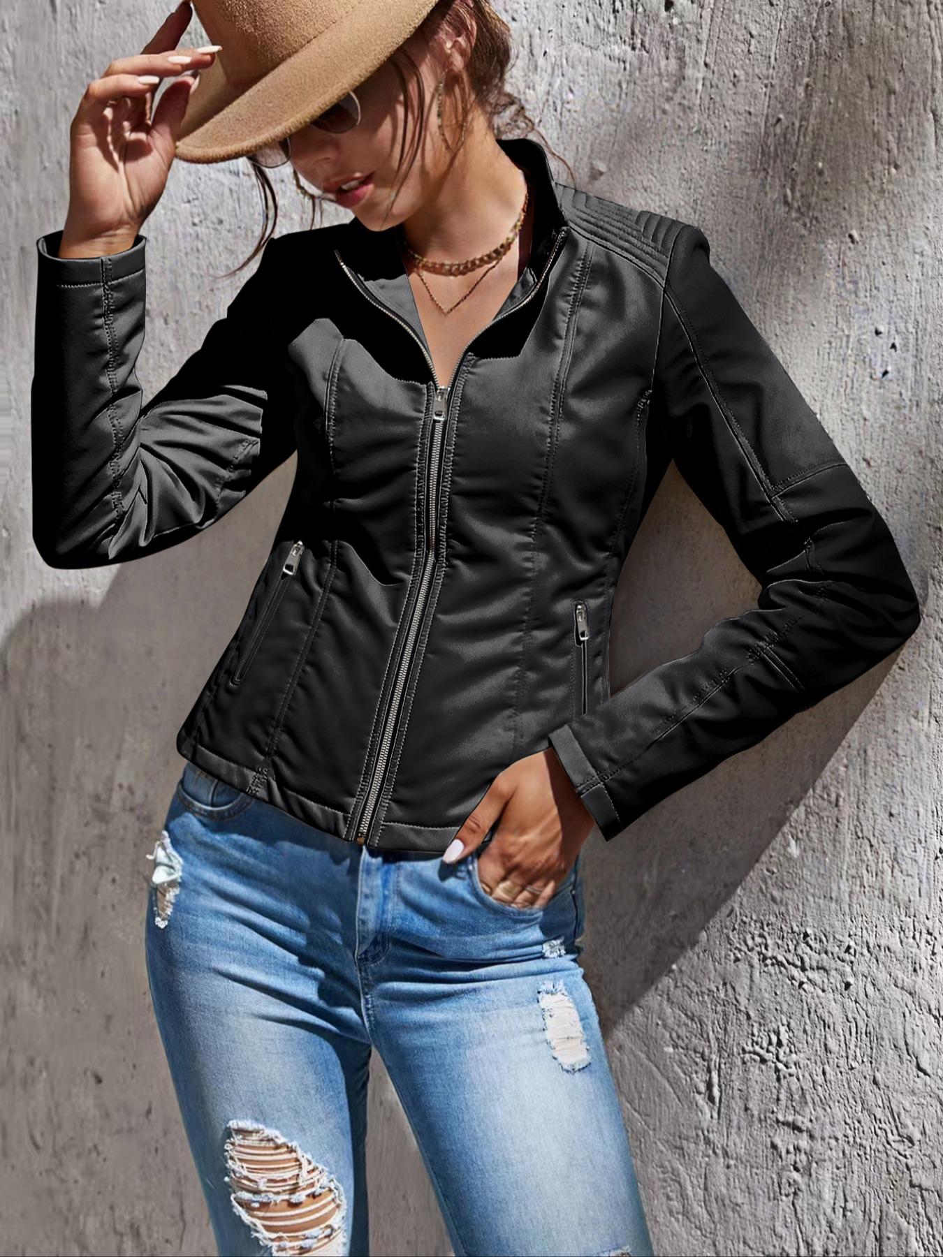 Women's PU Leather Jacket Coats, Stand Collar with Zip Pockets, Long Sleeve Fitted Casual Style, Fall Winter Fashion Outerwear