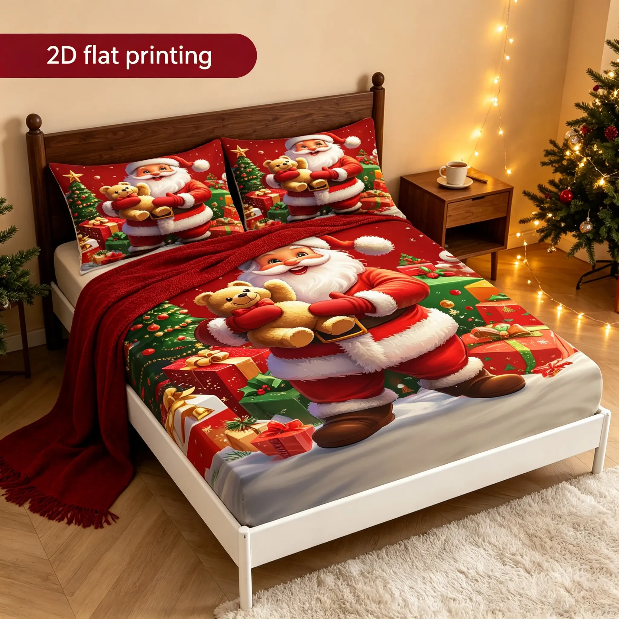 3pcs Santa Claus Bear Christmas Bed Sheet Set with festive atmosphere, including 1 bed sheet, 2 pillowcases, bedroom multi size universal bedding, Christmas gifts