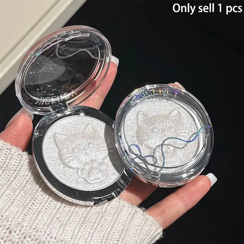Portable Cute Cat Highlighter Powder, Fine Pigment Shimmer, Create 3D Glossy Facial Makeup, Suitable for Daily and Festival Makeup