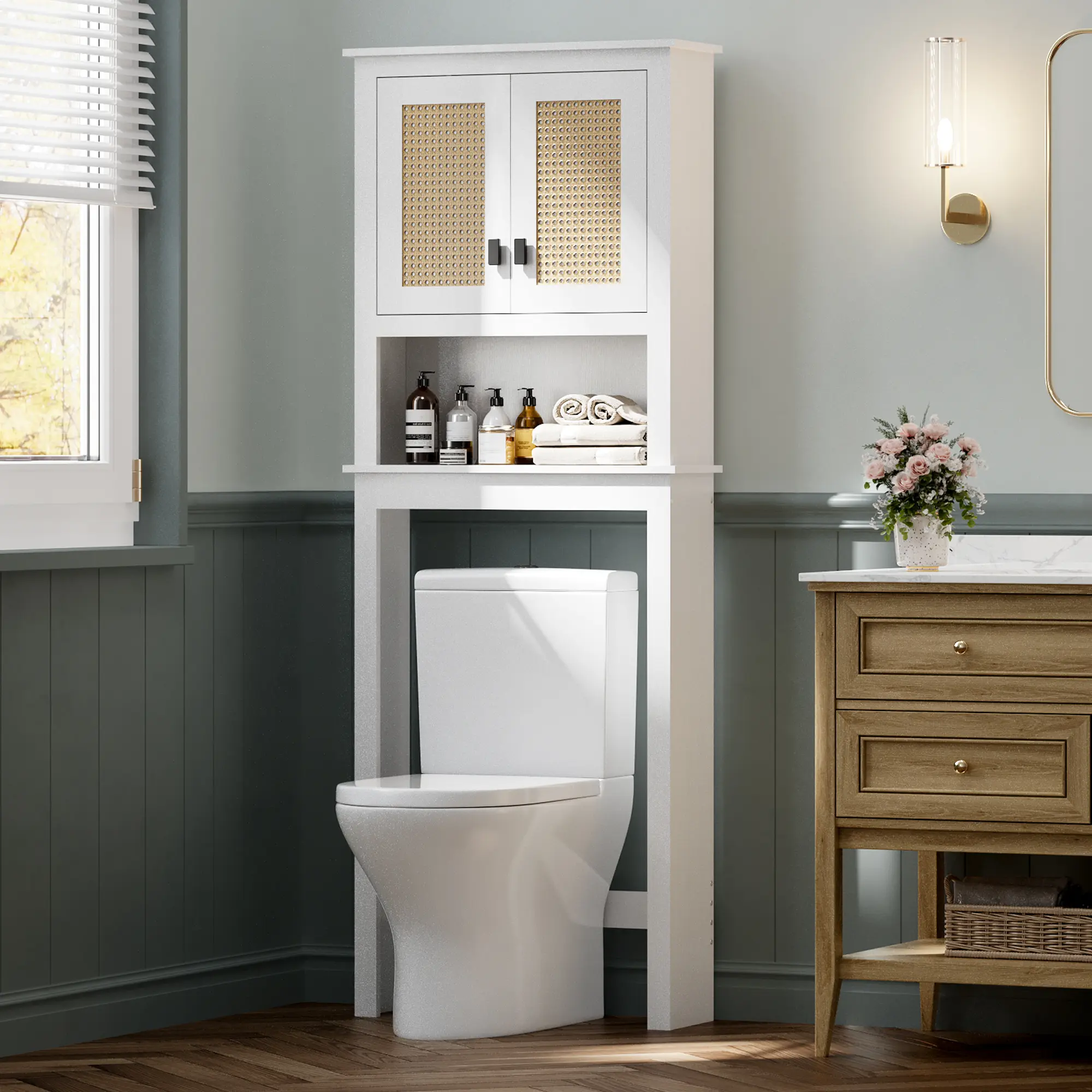 Space-Saving Over the Toilet Storage Cabinet – Rattan Doors, Adjustable Shelf, Freestanding Wooden Bathroom Organizer – Above Toilet Storage Rack for Bathroom, Laundry Room, Toilet Paper & Basic Commercial Stainless Steel Worktable