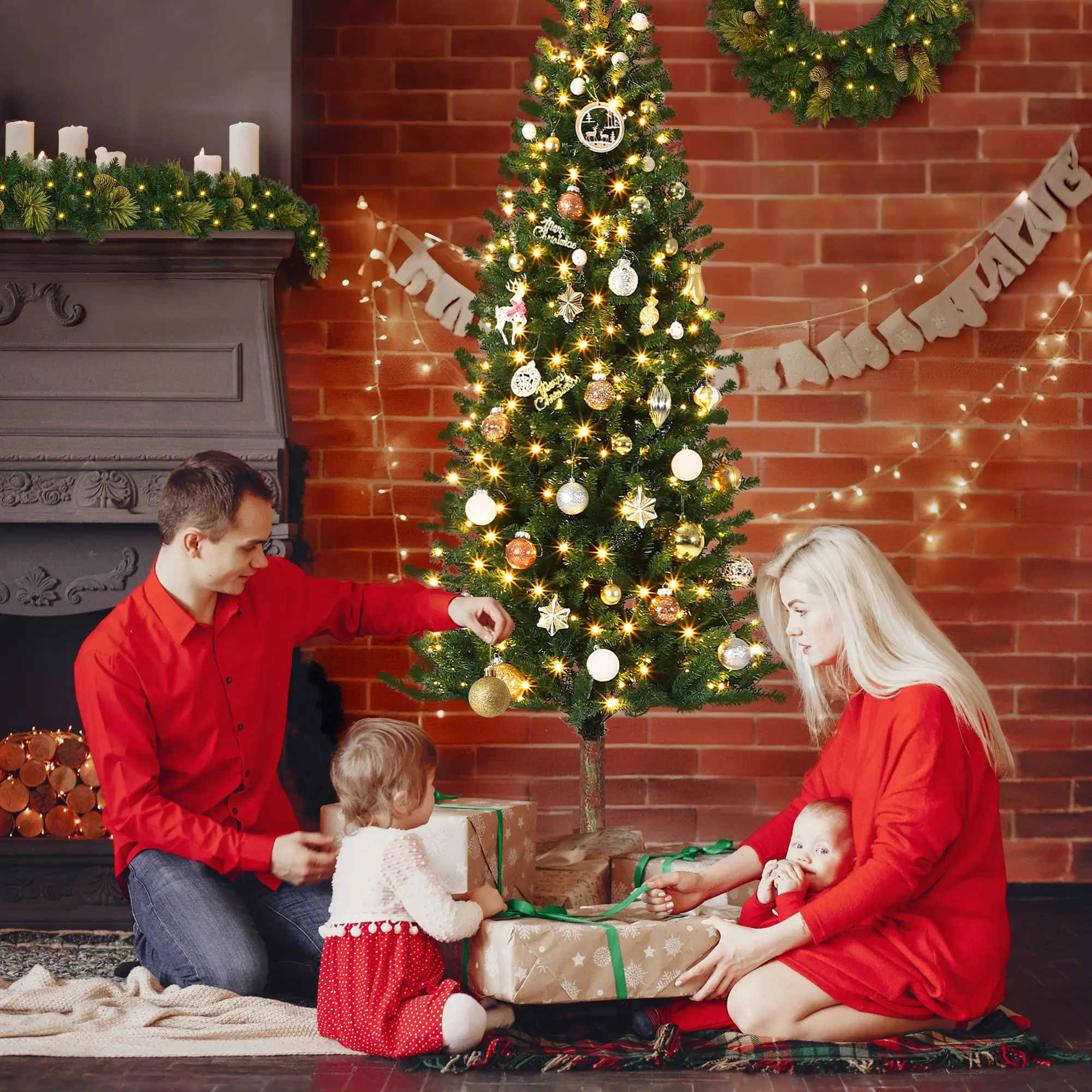 7.5 ft Christmas Tree,Slim Pre-Lit Pencil Christmas Tree with Twinkle Warm White LED Lights – 7.5ft Artificial, 975 Hints, 350 LEDs – Metal Stand, Indoor & Outdoor Holiday Decor