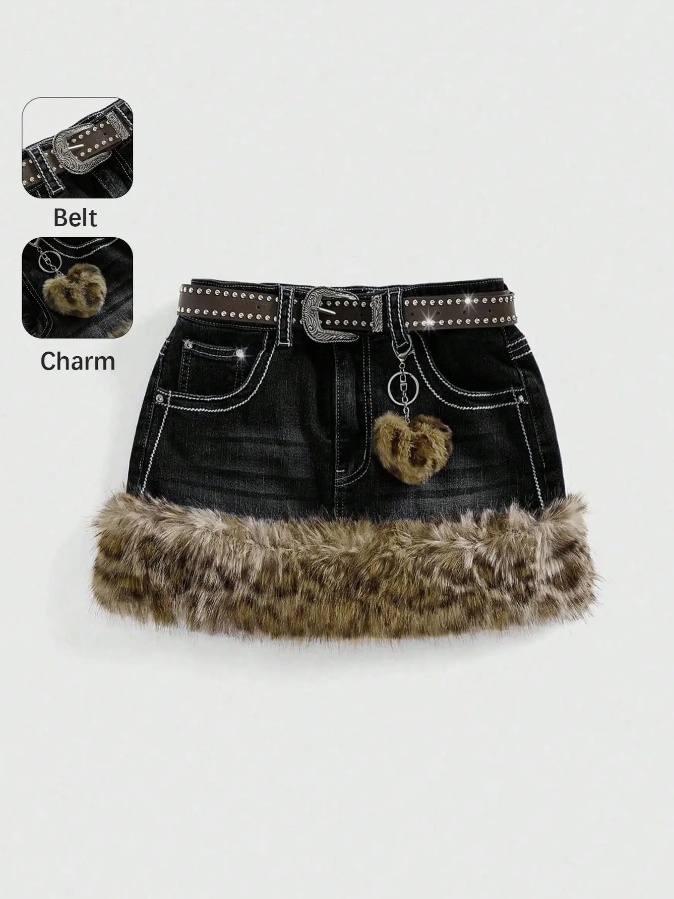 Y2K Retro Leopard Print Mini Skirt with Frayed Hem, Low Waist Design, Includes Belt Accessory, Women's Fashionable, Denim Half Skirt