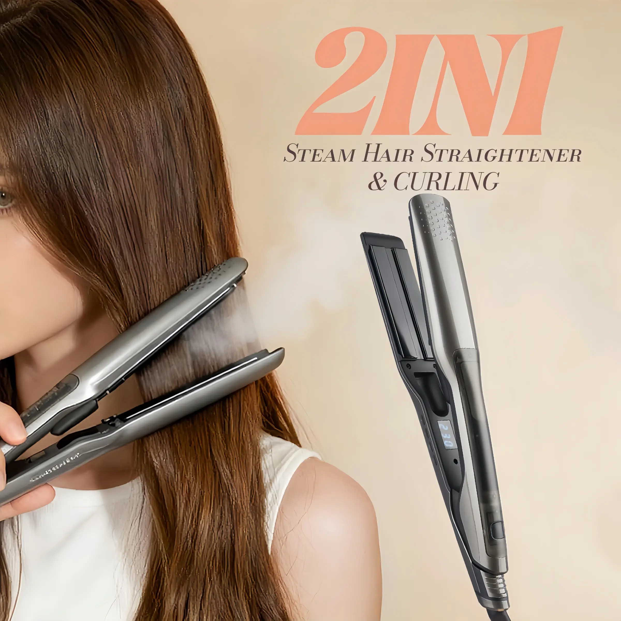 Professional 2-in-1 spray steam ceramic hair straightener curler, moisturizing and hair care+digital display intelligent temperature control+rapid heating+anti scald design+repair damaged hair, suitable for all hair