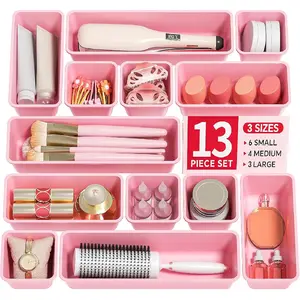 Pack of 13 - Plastic Drawer Organizers Set, 3 Sizes Desk Drawer Organizer Trays for Vanity and Makeup Organizer, Organization and Storage for Makeup, Kitchen Utensils, Bathroom and Office, Pink