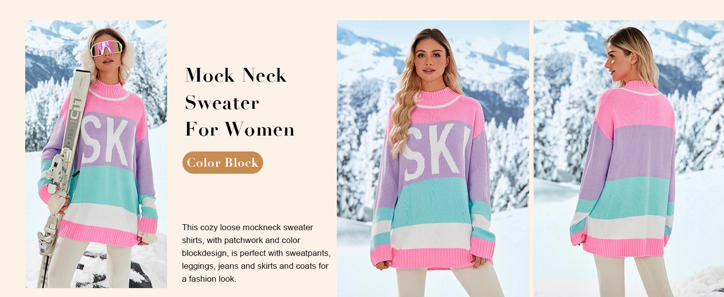 Yousify Womens Sweaters Fall 2024 Oversized Color Block Ski Sweater Crewneck Winter Tops S-2XL