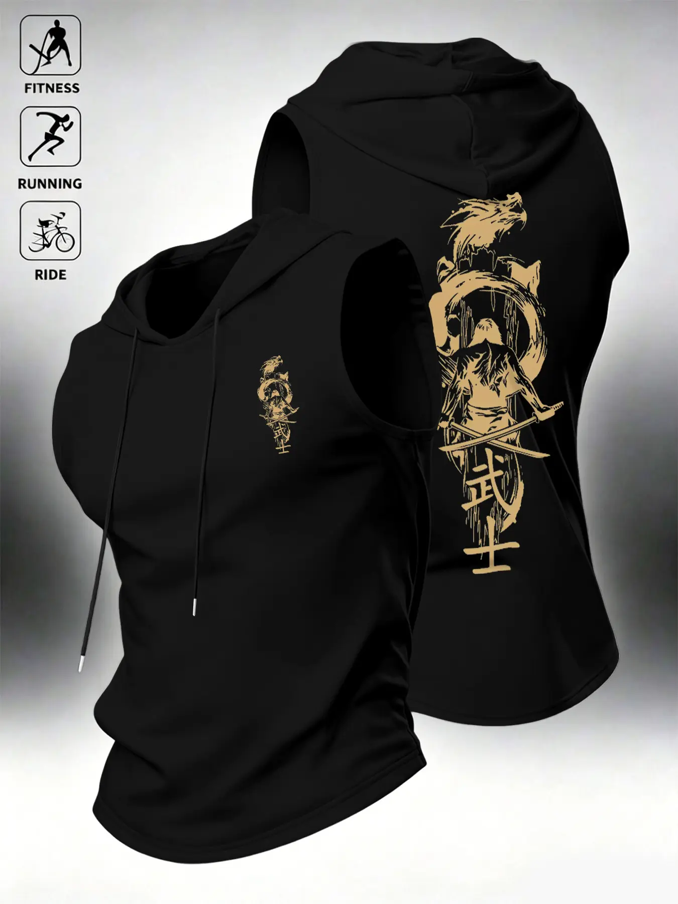 Japanese Style Samurai Print Hooded Tank Top, Men's Fitness Running Cycling Training Vest, Sleeveless Hoodie for Sports, Athletic Tank Tops, Tight Vest