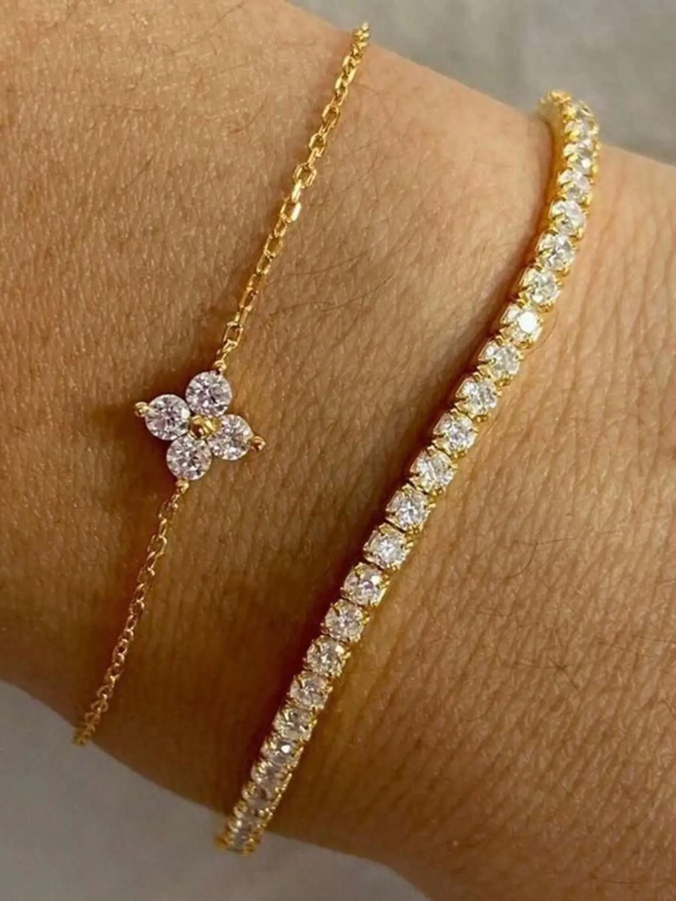2pcs Elegant Cubic Zirconia Flower Bracelet Sets, Rhinestone Chain Double Layer, Suitable For Women Daily Dates Parties Gatherings