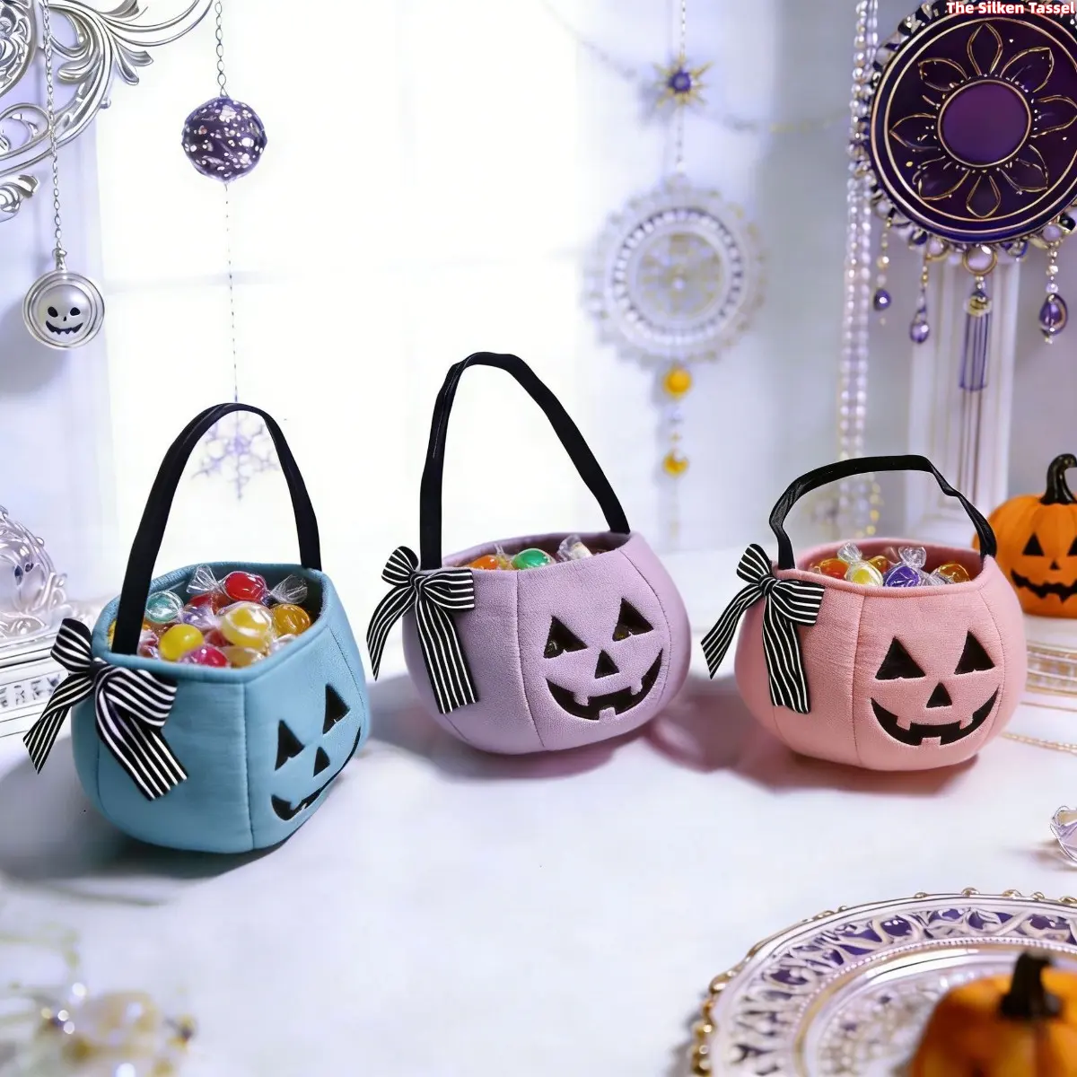4 PCS Set of Plush Pumpkin Candy Buckets for Halloween — Trick-or-Treat Baskets for Kids