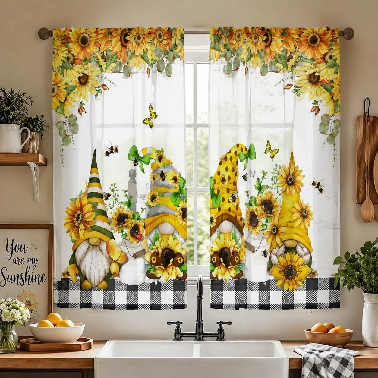 2-Pack Sunflower Fairy Semi-Transparent Curtains, Kitchen Window Curtain, Polyester Rod Pocket, Spring Print, Ideal for Kitchen, Living Room, Office, Bedroom